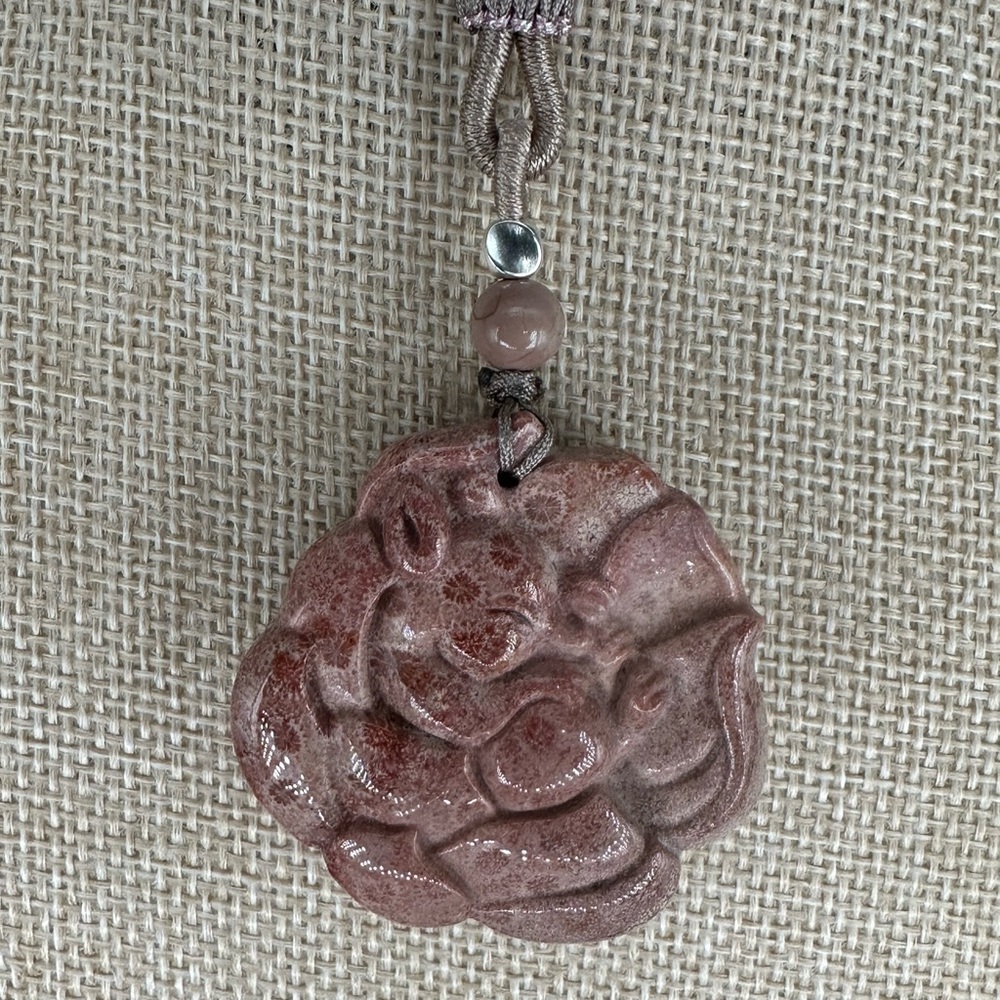 Pink Coral Fossil Sleeping Nine Tail Fox Pendant Necklace; Adjustable Rope - Picture 9 of 16